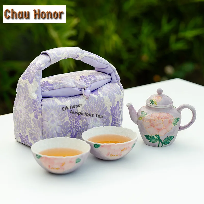 

Purple Smoke Peony Travel Tea Set Kit Luxury 1 Pot 2 Cups Tea Maker Organizer Portable Camping Stock Bags Accessories Decoration