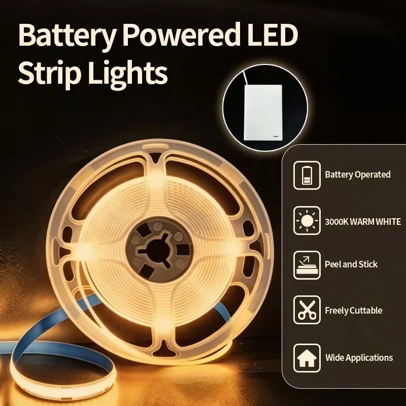 COB LED Strip Light, 3AA Battery Powered, 3-Color Options, Flexible Portable On/Off Control, No Wiring Required Plug And Play
