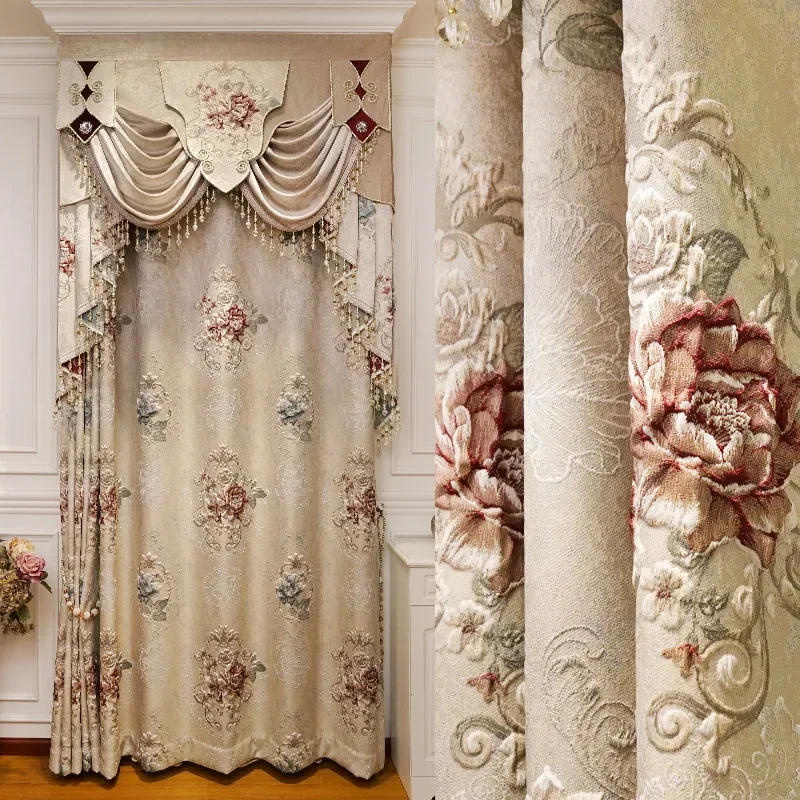 Custom European Flower High-end Textured Noble Valance New Embossed Luxury Tulle Cort Curtains for Living Dining Room Bedroom