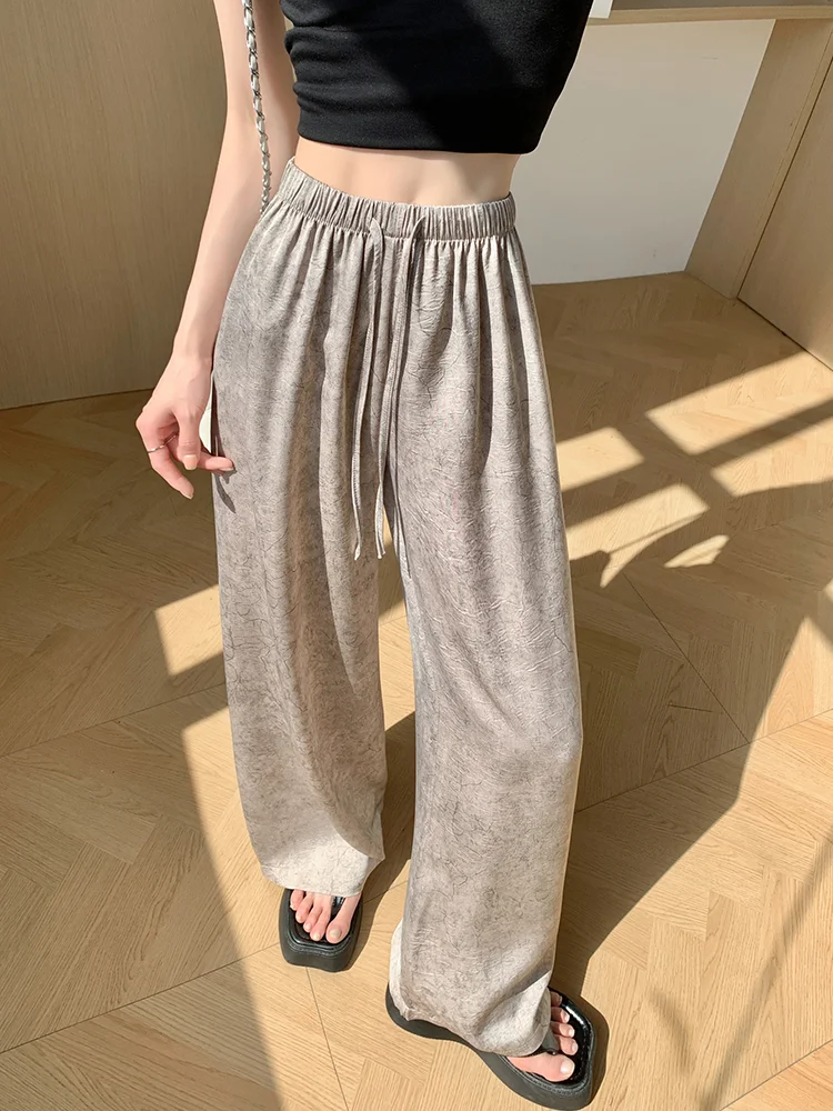 

Chinese Style Ink Painting Ice Silk Wide-leg Pants Women Summer New Elastic High Waist Straight Pants Ladies Casual Loose Pants