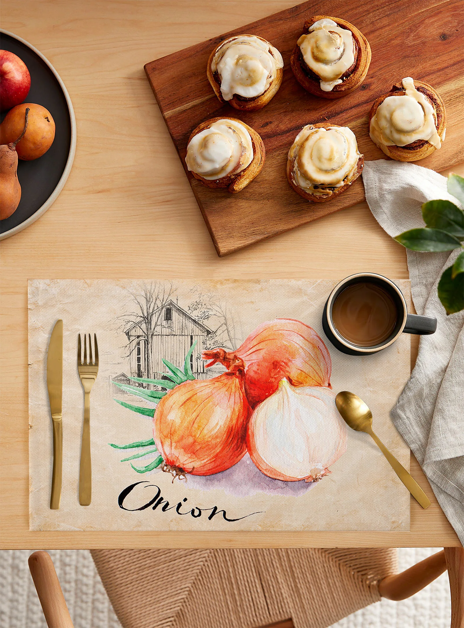 Vintage Kraft Farm Onions Placemat for Dining Table Tableware Mats 4/6pcs Kitchen Dish Mat Pad Counter Top Mat Home Decoration