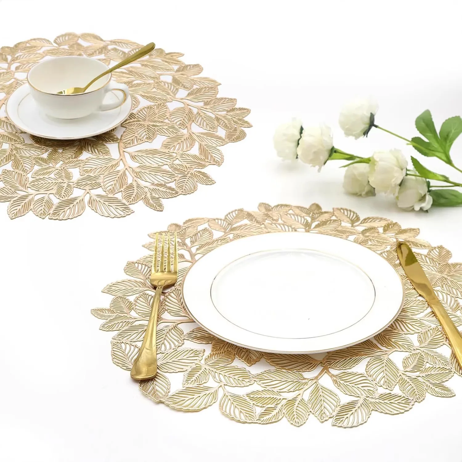 15inch Placemats Leaf Round Placemats Non-Slip Wipeable Table Mats for Dinner,Party,Wedding Accent Centerpiece