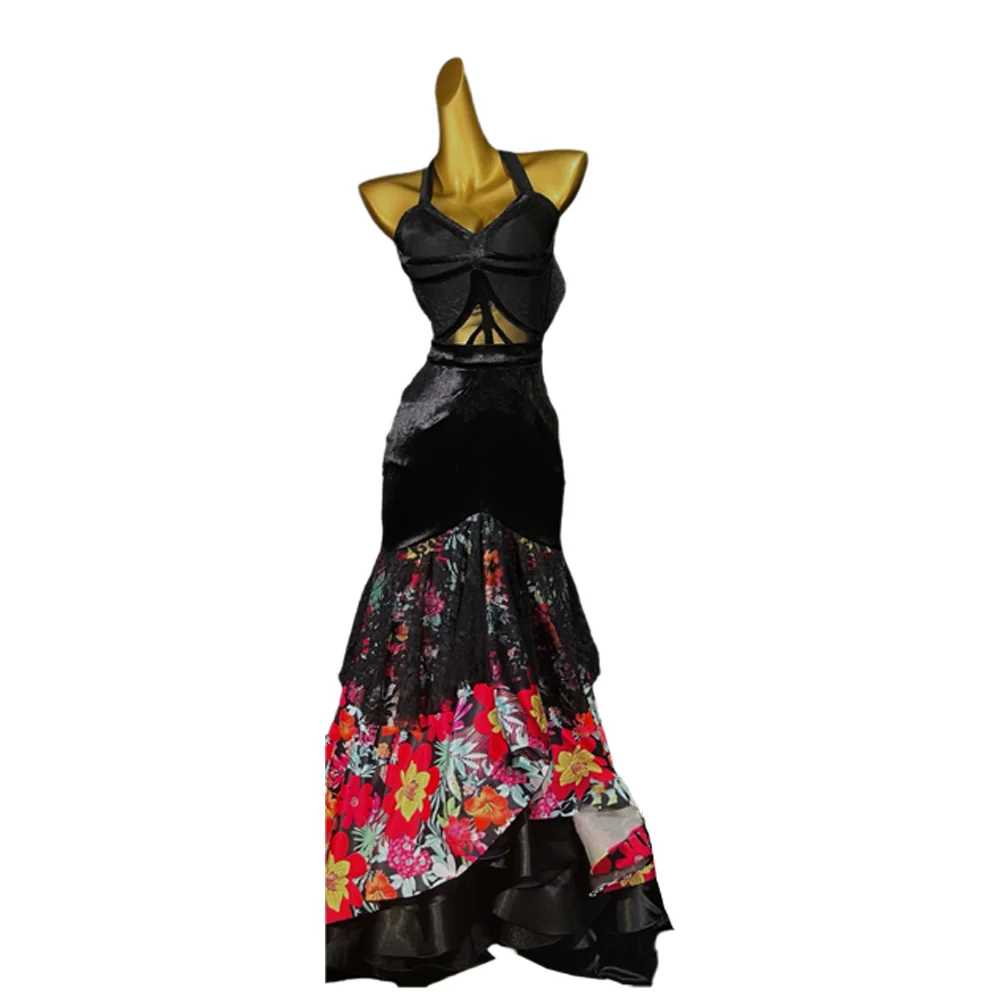 Latin Dance Costume AB Stone Female Adult Children High-End Custom Flower Print Large Skirt Black Pool Samba Performance Dress