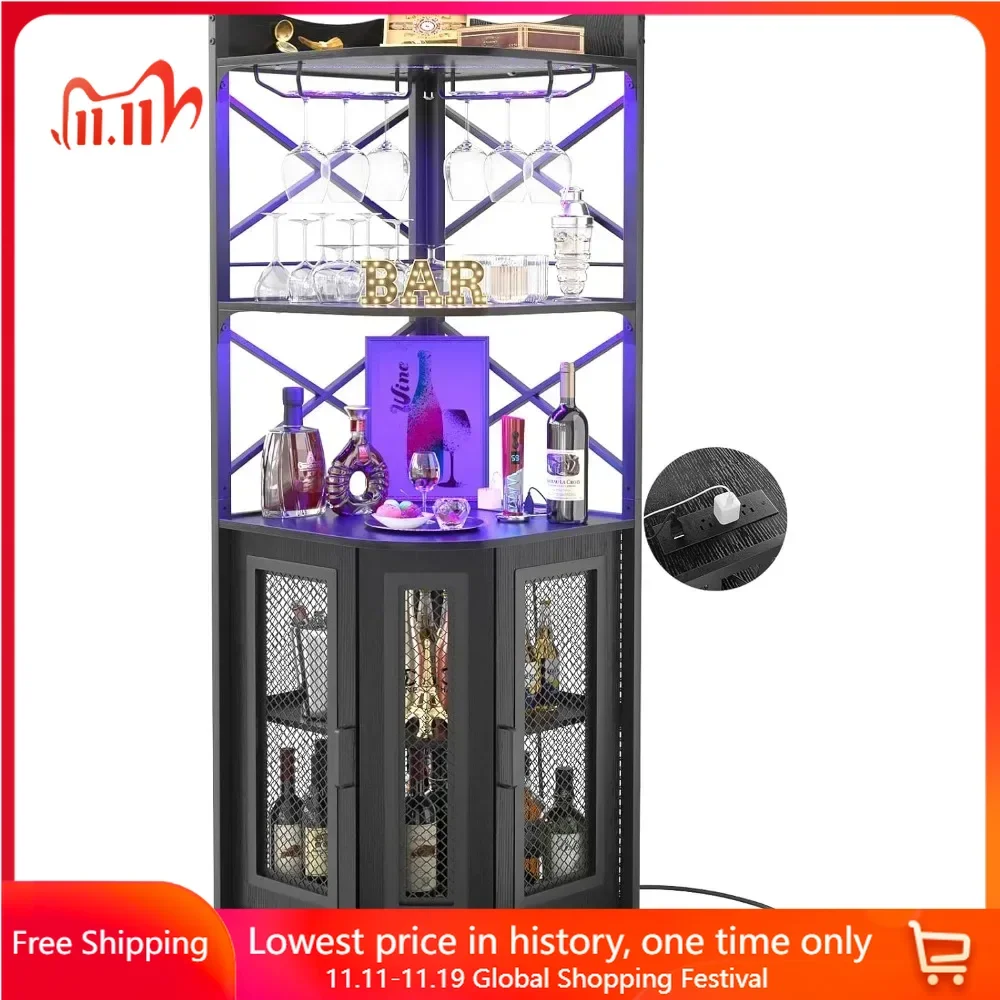 Display Cabinet with Power Outlet, LED Strip and Glass Holder, Industrial Wine Cabinets, 5-Tiers Corner Display Cabinet