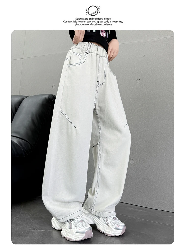 Sommerliche, dünne, einfarbige weiße Jeans im Scimitar-Stil für Teenager-Mädchen, High-Fashion-Streetwear-Hosen, lockere Jeanshose für Kinder – Detail 3
