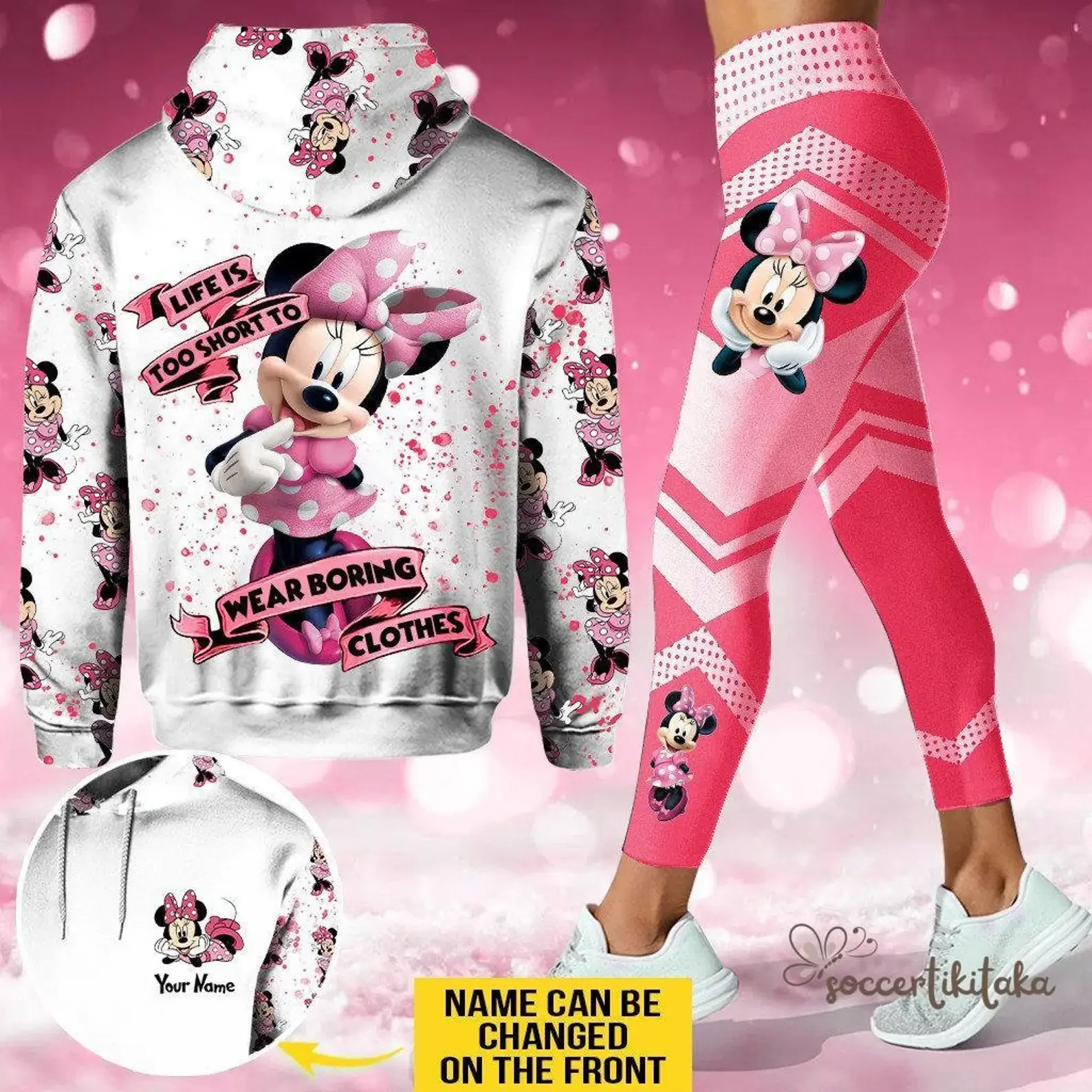 Dostosowany zestaw bluz i legginsów z kapturem i legginsami Minnie 3D dla kobiet, spodnie do jogi Disney, modna codzienna odzież sportowa