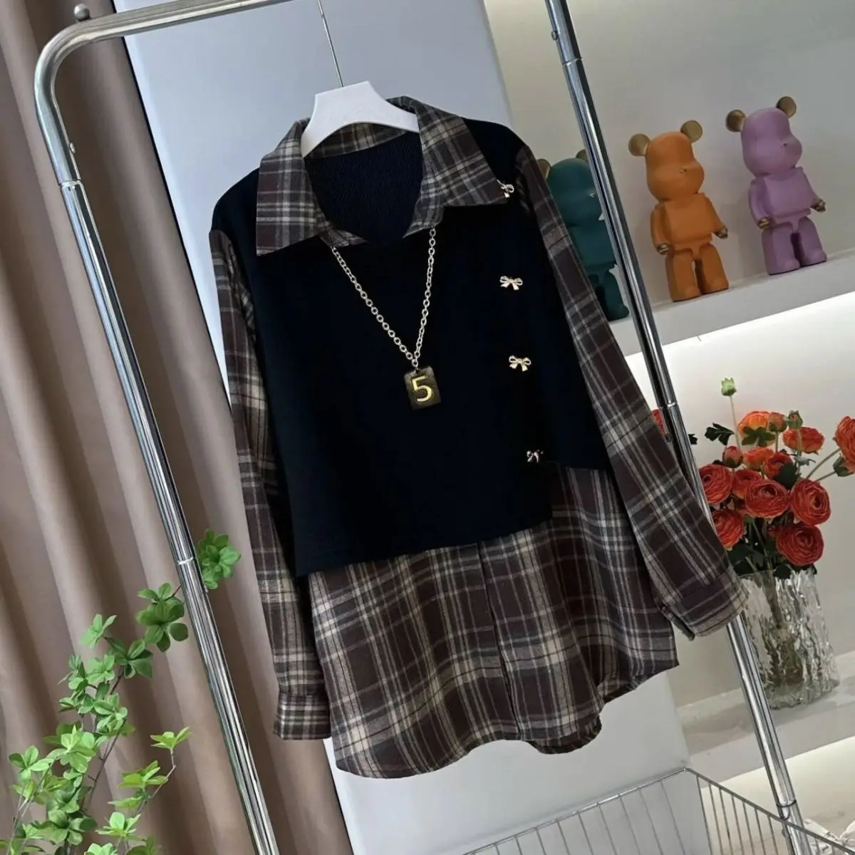 Spring Autumn Plaid Fake Two Piece Shirt Loose Versatile Midi Length Casual Lapel Top Women's Sweet Bow Long Sleeved Blouse