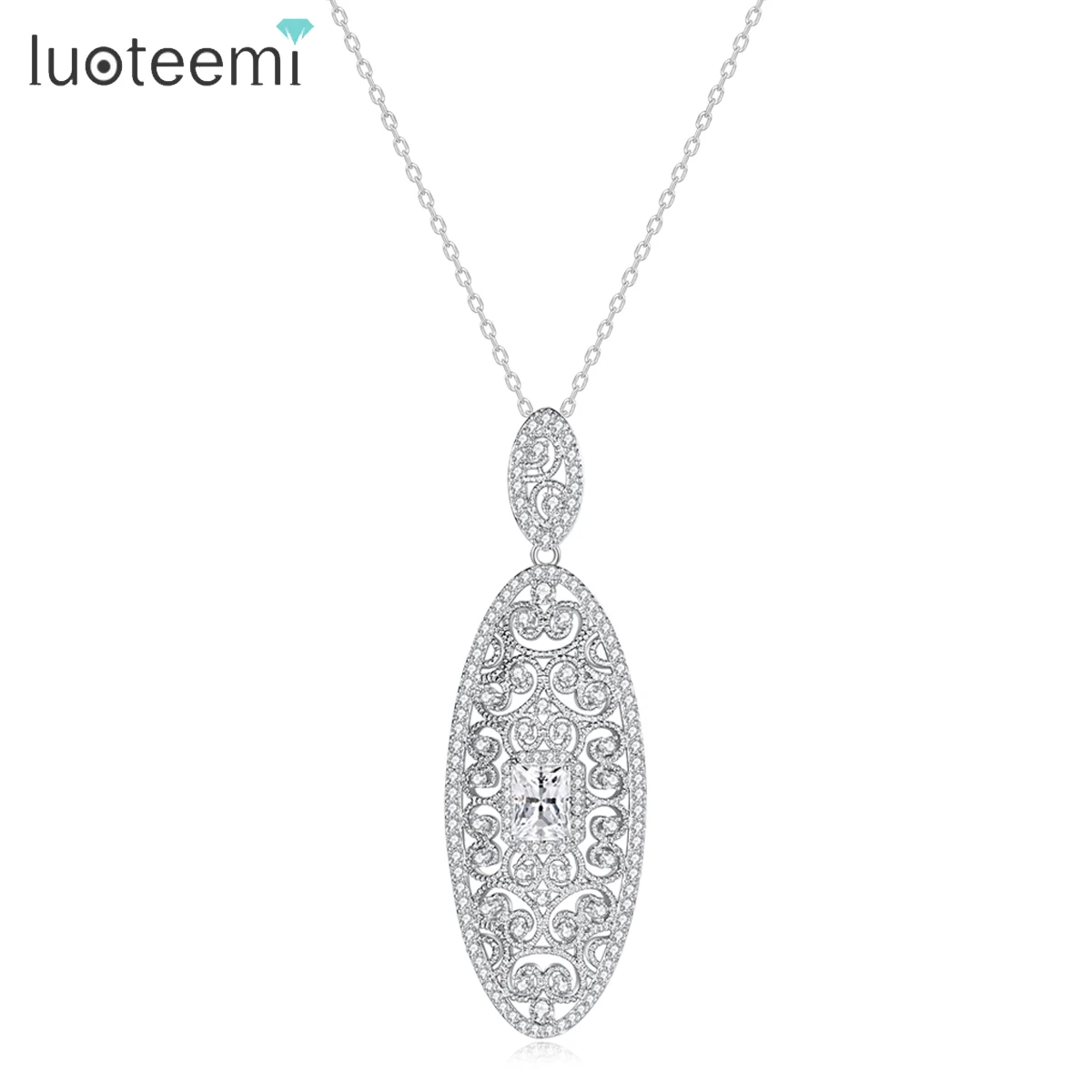 

LUOTEEMI Vintage Drop Pendants Necklaces Luxury Classic Leaf Shape Drop Chains Clear CZ Jewelry for Women Bridal Wedding Party