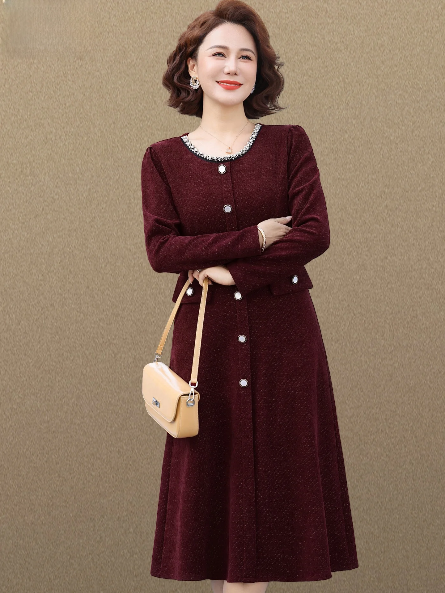 

Elegant Wedding Dress for Middle-Aged And Elderly Women Spring Autumn High-End Momma Dress Long Sleeve round Neck Loose Fit