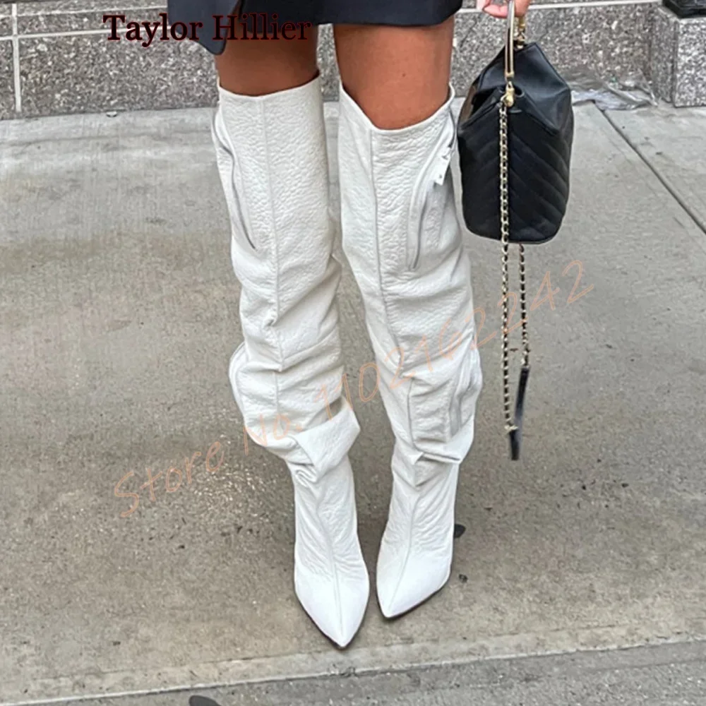 White Women\'S Over-The-Knee Boots Fashionable Loose Pointed Stiletto Boots Elegant Catwalk All-Match Luxury Winter Long Boots 44