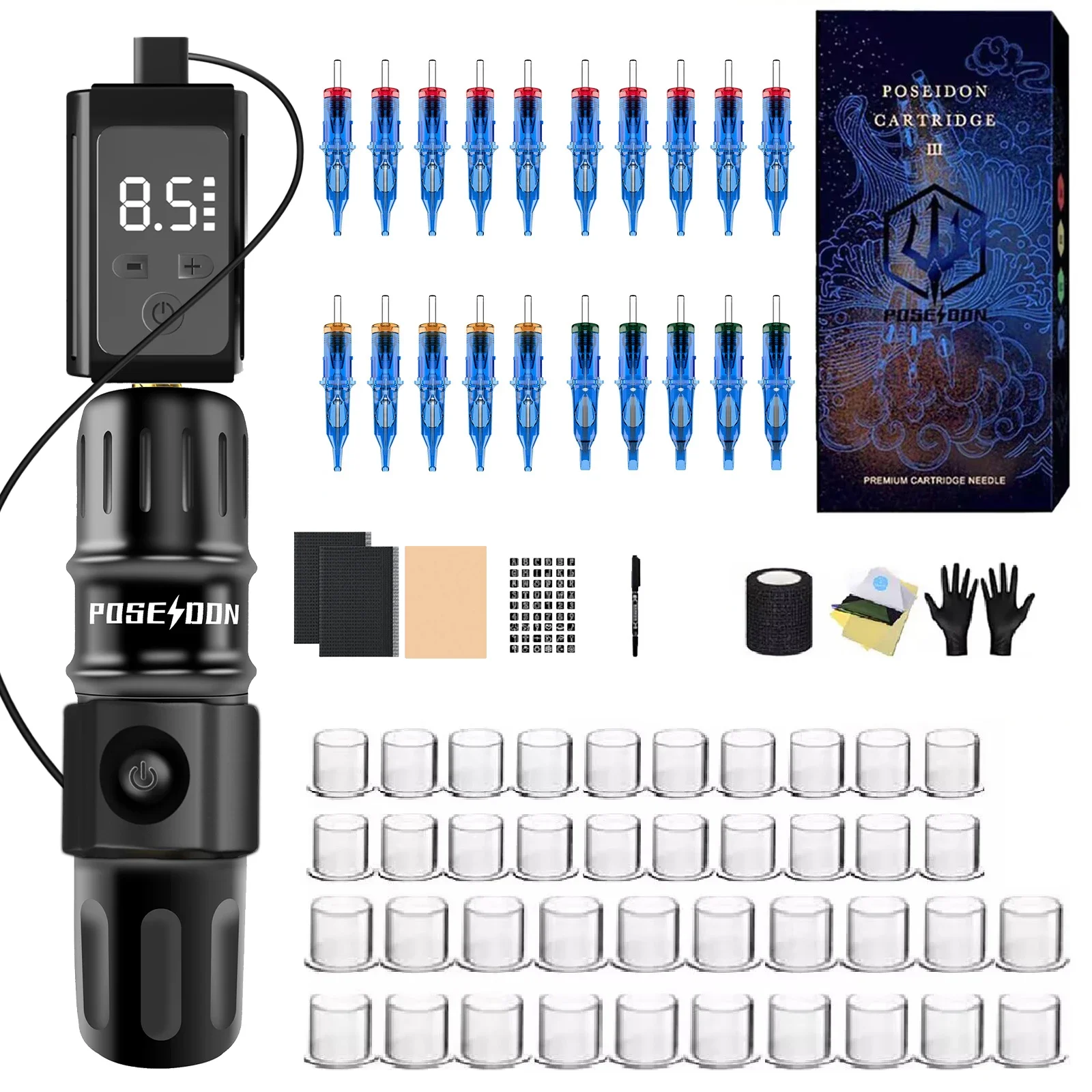 POSEIDON Tattoo Kit Or Tattoo Machnie Finger ontrolled Tattoo Pen Kit For Permanent Makeup High Power Supply Tattoo Gun Kit