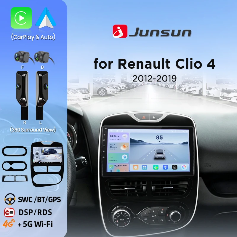Junsun 360 °   Caméra panoramique autoradio pour Renault Clio 4 2012-2019 sans fil CarPlay Android Auto stéréo GPS Navi RDS WiFi BT