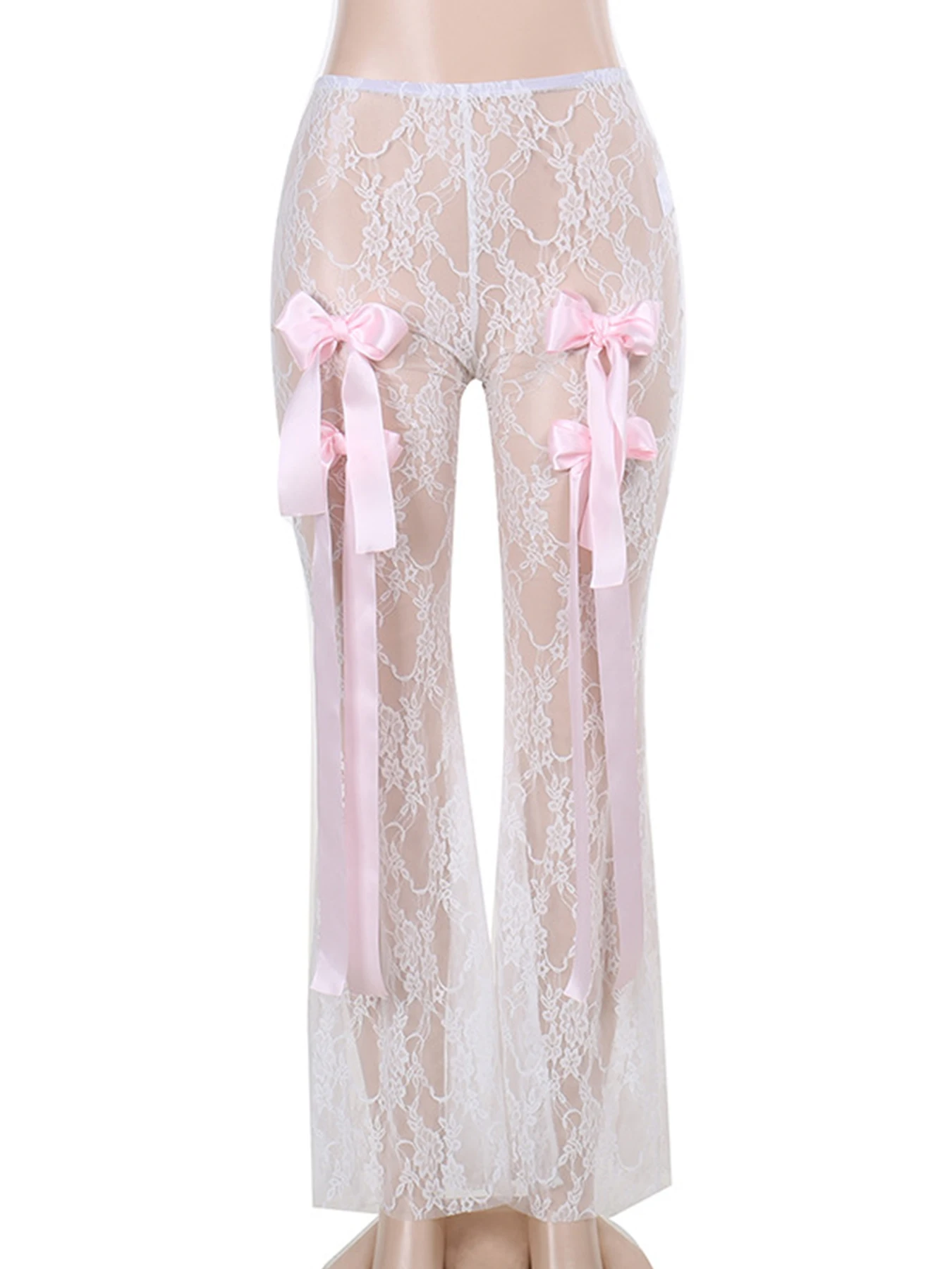 High-waisted lace see-through bow trousers 2024 European and American cross-border new hot girl versatile straight pants