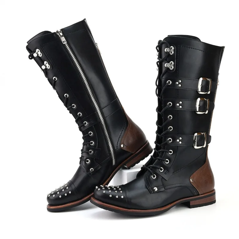 Mens Boots Retro Rivets Motorcycle Boots for Men Designer Belt Buckle Leather Knight Boot Comfortable Western Boots Botas Hombre view 5