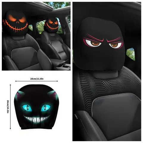 2pcs double-sided new black skull headrest cover with funny car print, universal elastic mesh