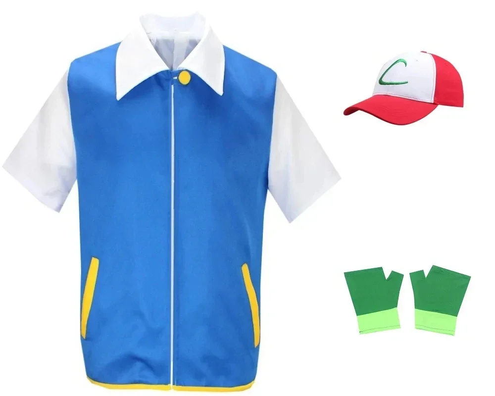 Men Anime Trainer Costume Boys Ash Ketchum Adult Cosplay for Girls Halloween Women Disfraz Party Blue Jacket Cap and Gloves Sets