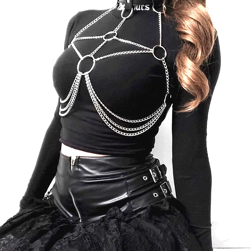 

Women Cupless Bra Top Leather Harness Belt Body Bondage Chest Chain Strap Punk