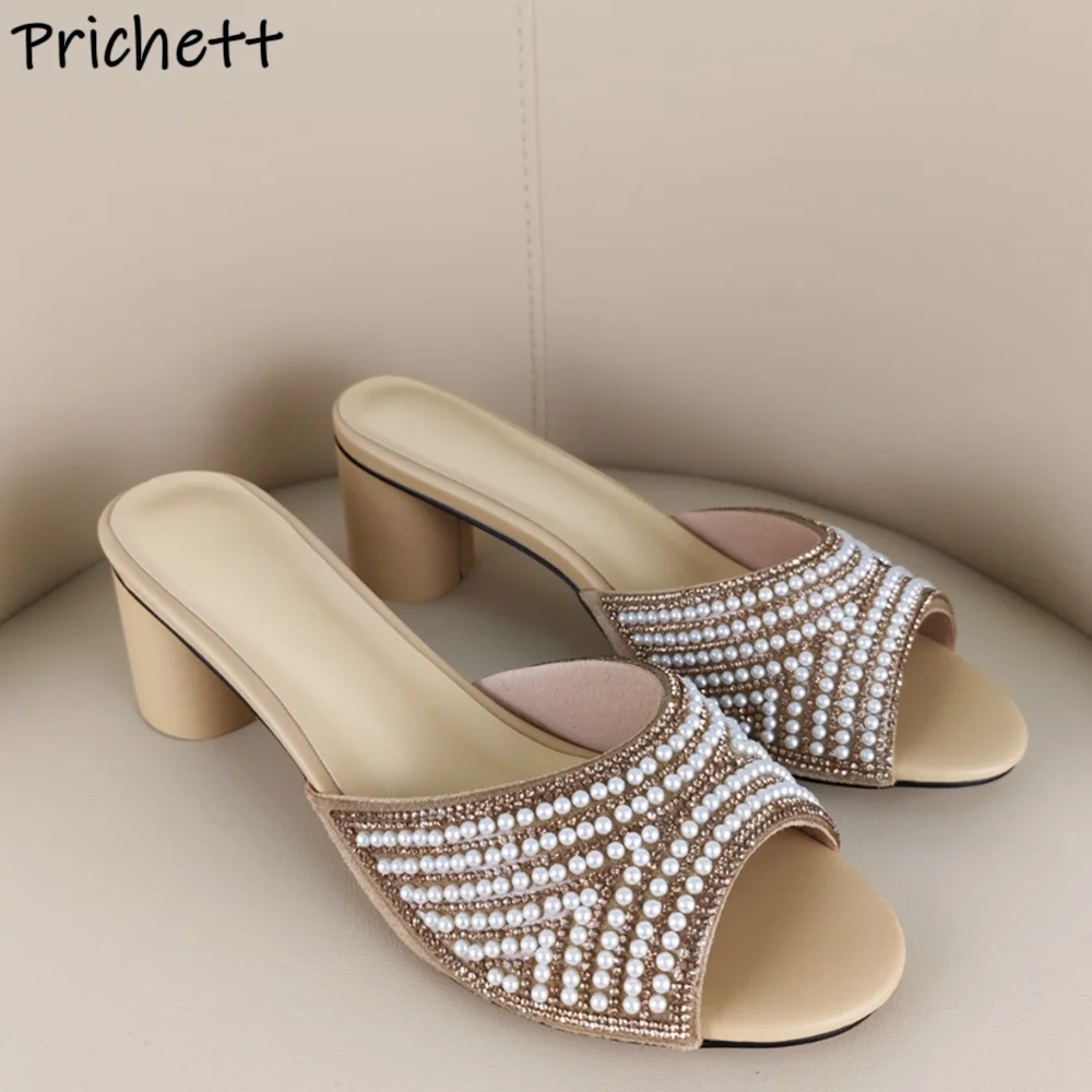 Pearl Crystal Slippers Round Heels Peep Toe Solid Elegant Outdoor Summer Shoes Slip On Slingback Luxury Rhinestone Line Slippers