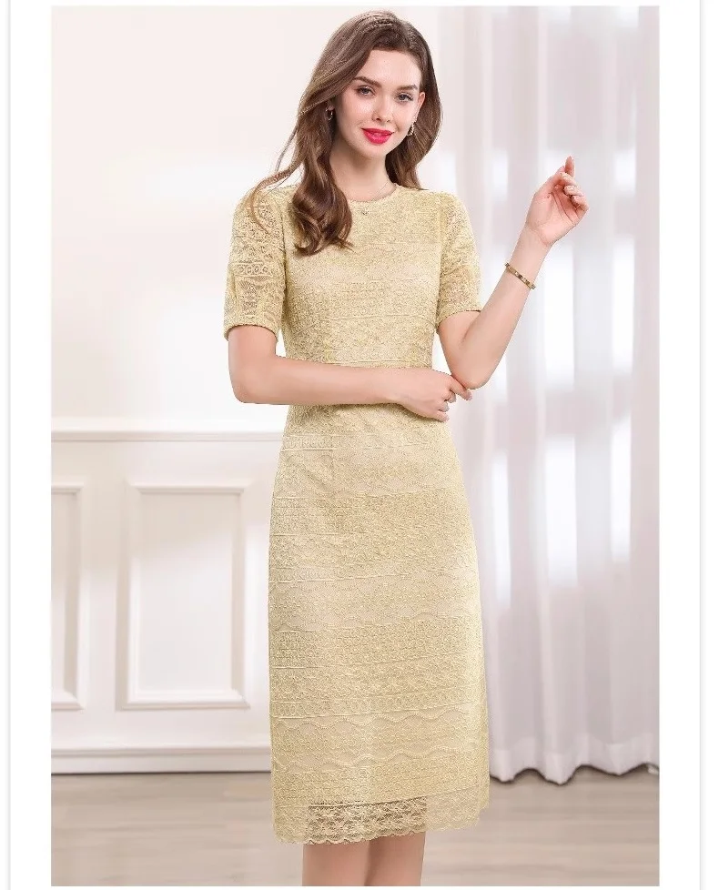 

3XL 2XL кружевное платье 2029, летнее облегающее платье-футляр для невесты и мамы, вязаное крючком, кружевное, с короткими рукавами и вышивкой, желтое