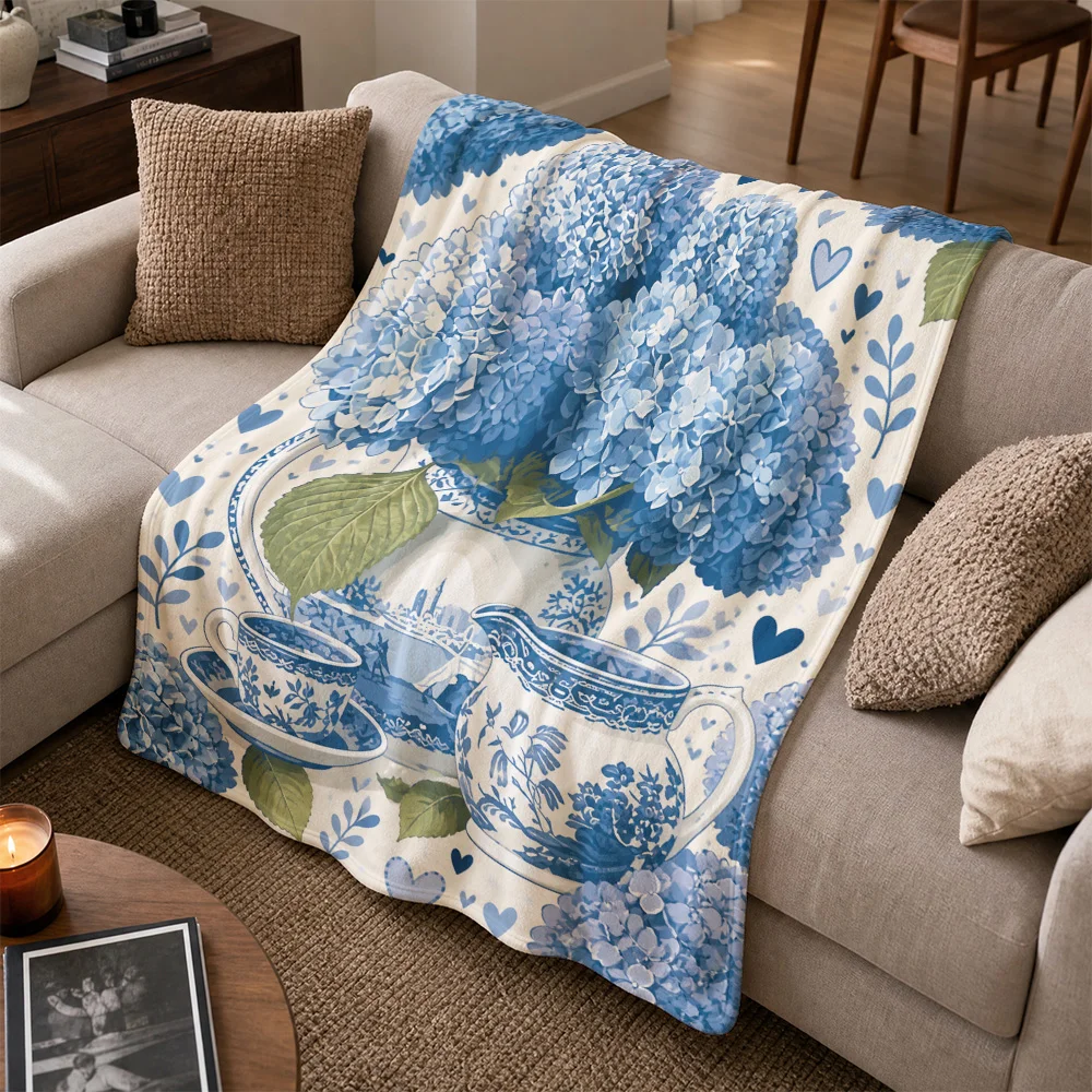 Cottagecore Blue and White Hydrangea Floral Pattern Throw Blanket Sofa Throw Couch Decor Luxury Gift