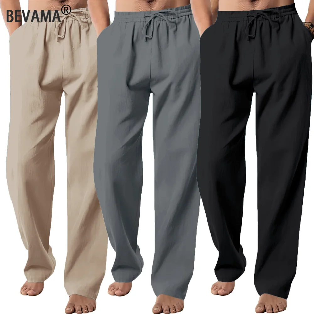 

Summer Men's Casual Trousers Solid Color Straight Linen Pants Breathable Fashion Drawstring Long Pant Oversize Sports Streetwear