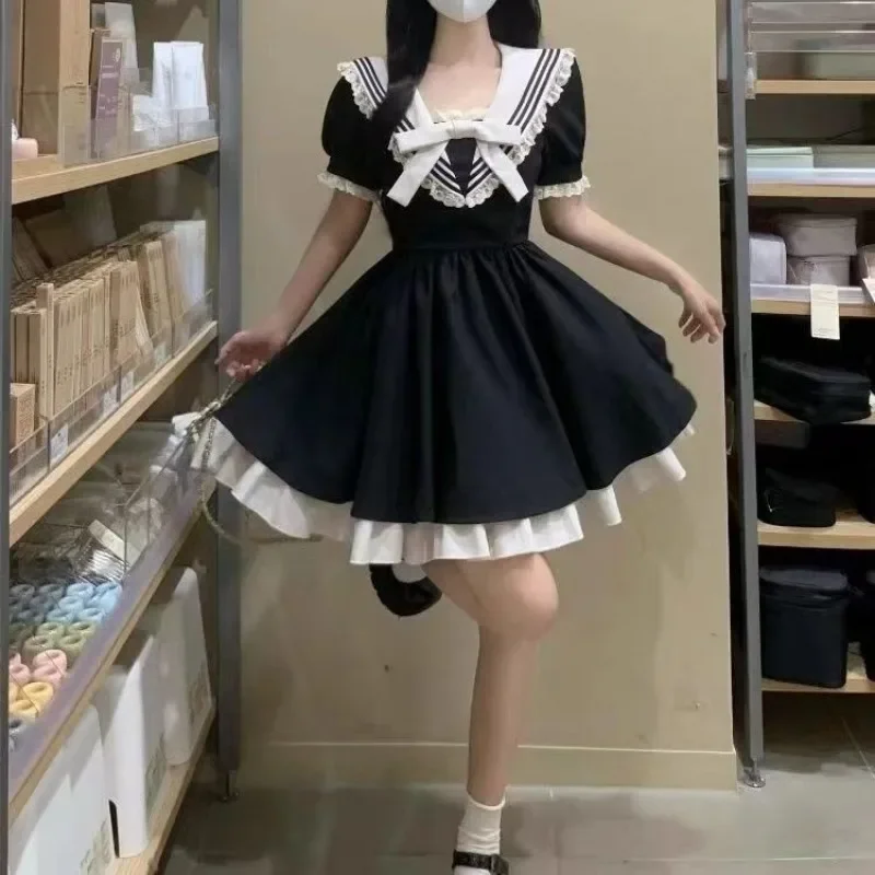 Japanese Girls Academy Style Lolita 2024 Pullover V-neck Sweet Colored Bow with Lace Folds Fashion Casual Short Sleeved Dress