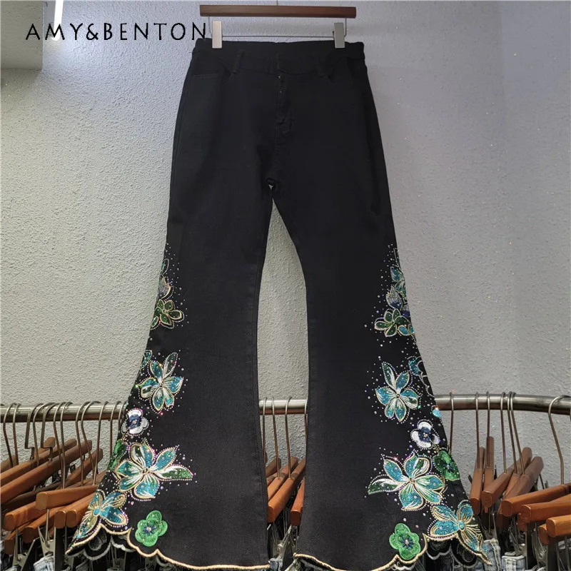 

Новые модные джинсы с вышивкой и стразами, зауженные к низу, женские, с высокой талией, эластичные, универсальные, скрывающие недостатки фигуры