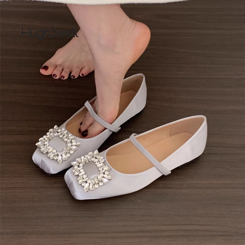 

Luxury Crystal Buckle Satin Silk Ballet Shoes Woman Classic Square Toe Elastic Band Ballerina Flats Ladies Elegant Party Zapatos