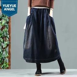 Vintage Women Loose Denim Skirt Jean Skirts Ladies New Elastic Waist Pocket Washed Casual Female Autumn Winter A-Line Skirt