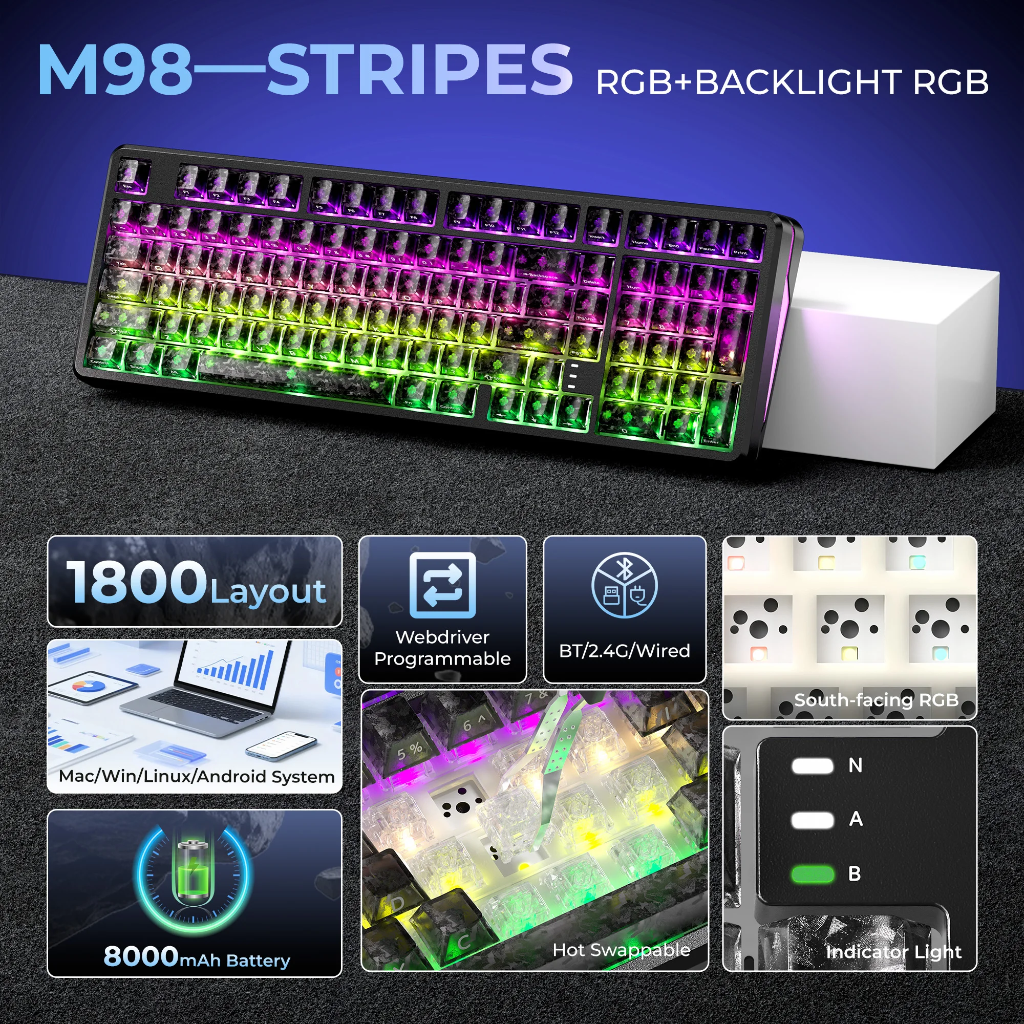 XVX M98 Tri-Mode Wireless Mechanical Keyboard, 98% Hot Swappable Custom Gaming Keyboard RGB Backlit Black Transparent Keyboard