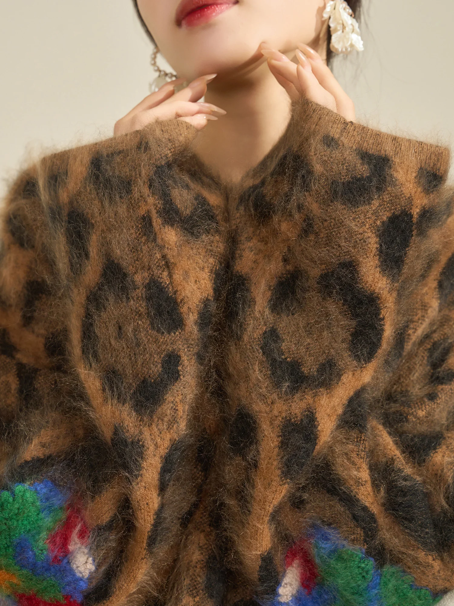 

Flowing Era Vintage Leopard Print Knitwear Loose Fit Overhead Women's Camere Sweater Casual Sle Long Sve round Ne