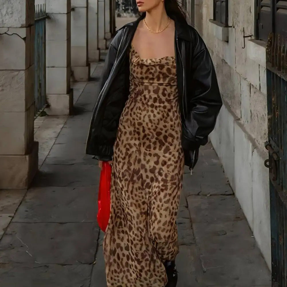 Luipaardprint Tule Slipdress Vrouw Backless Zomer Lange Jurken Voor Vrouwen Vintage Sexy Feestjurken Midi Vakantiejurk