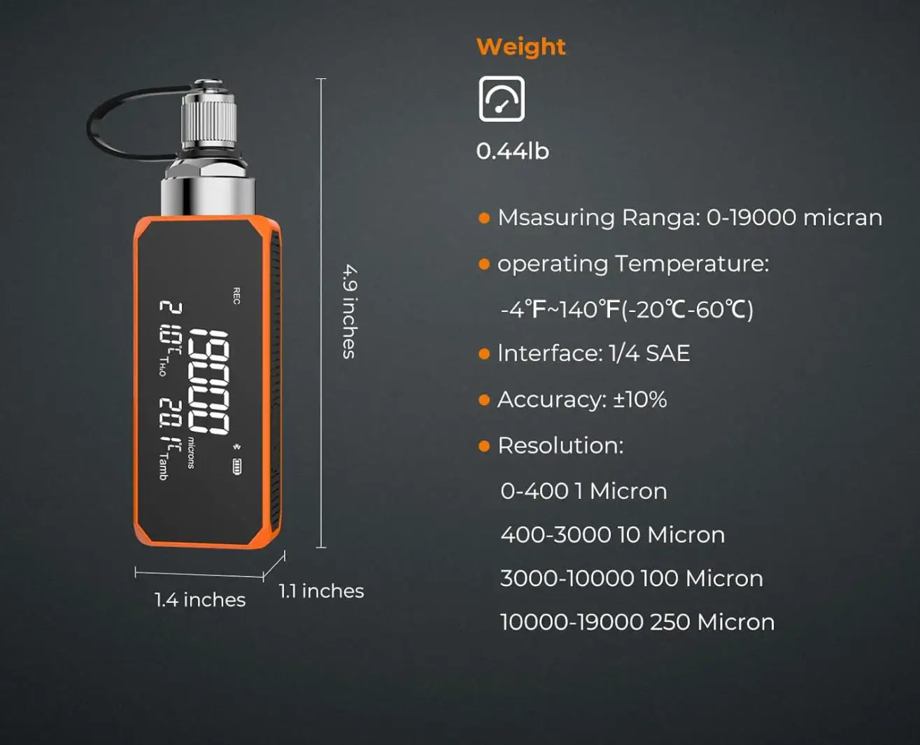 VGW-Mini Elitech Portable Wireless Digital Vacuum Gauge Industrial Grade with Adaptor Electronic Vacuum Pressure Gauge