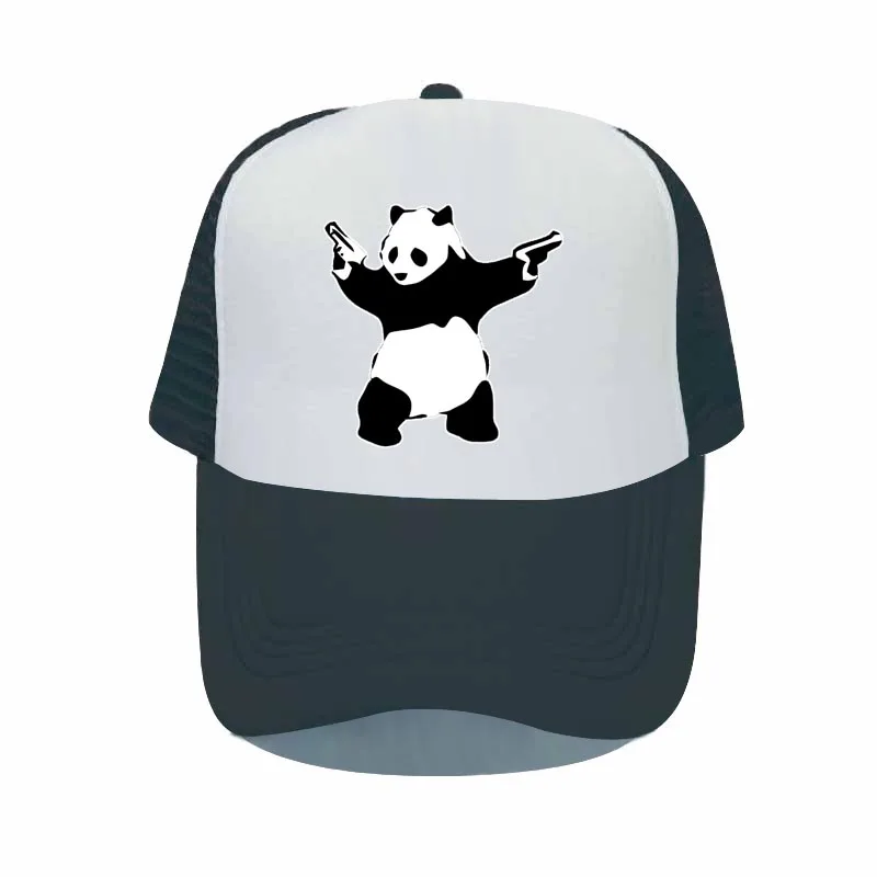 Banksy Panda With Guns Men Women Mesh Trucker Hat Aniaml Panda Holding Guns Mit Waffen Snapback Cap Shoot Fighting Sun Hat YP051