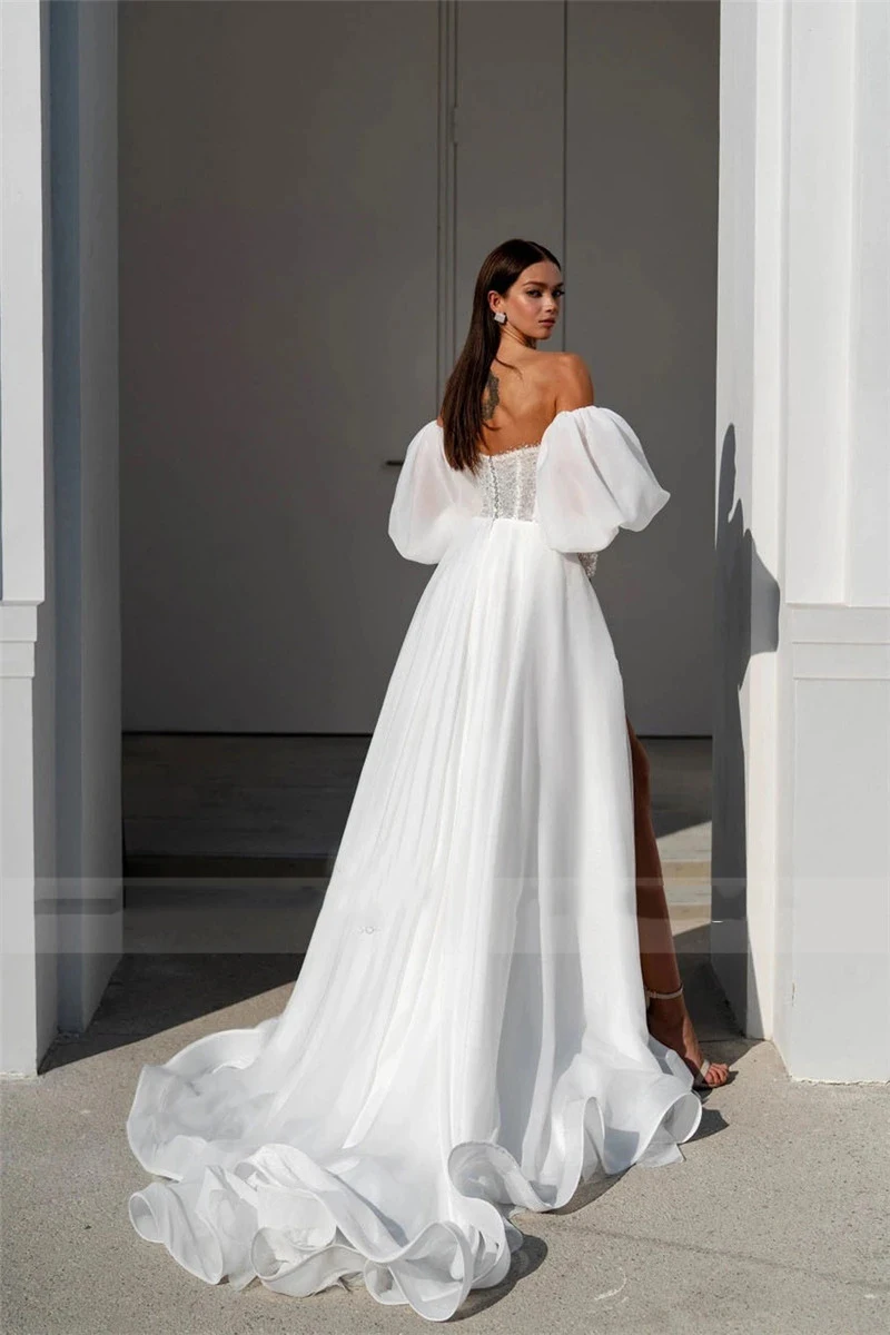 Pretty Off Shoulder Fluffy Sleeves Mermaid Mopping Wedding Dresses New 2023 Sexy Backless Sweetheart Beaded Princess Bridal Gown