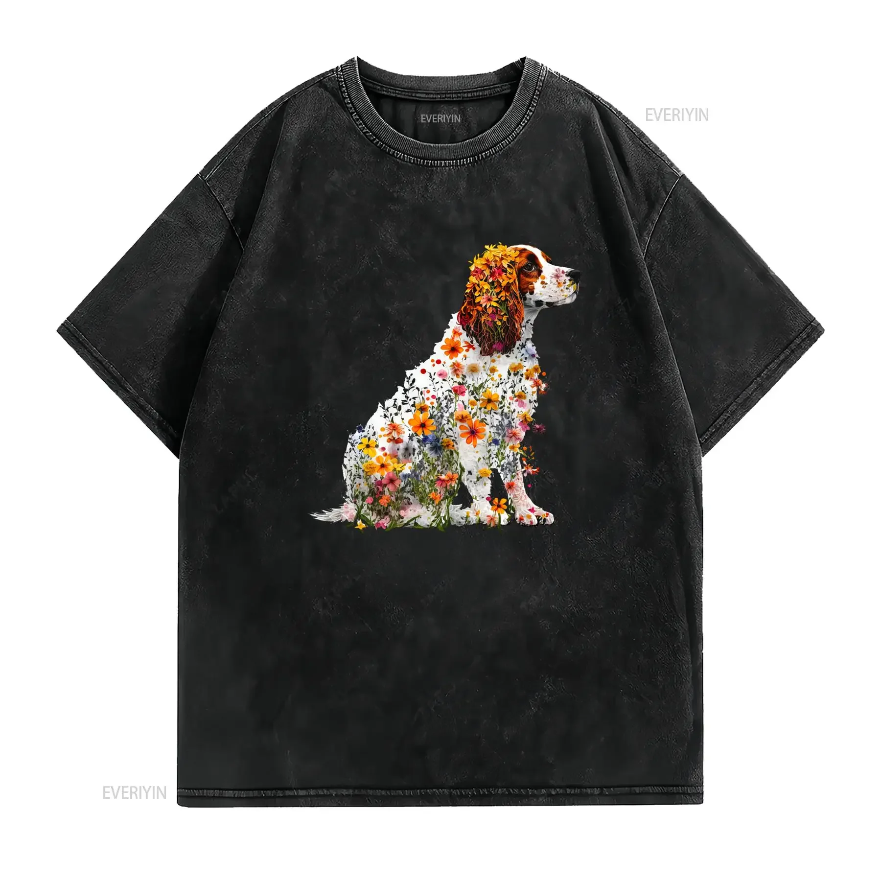 Watercolor Art Floral Springer Spaniel Dog Print Casual Nature Pet Lover T Shirt vintage Washed Top For Everyday Wear