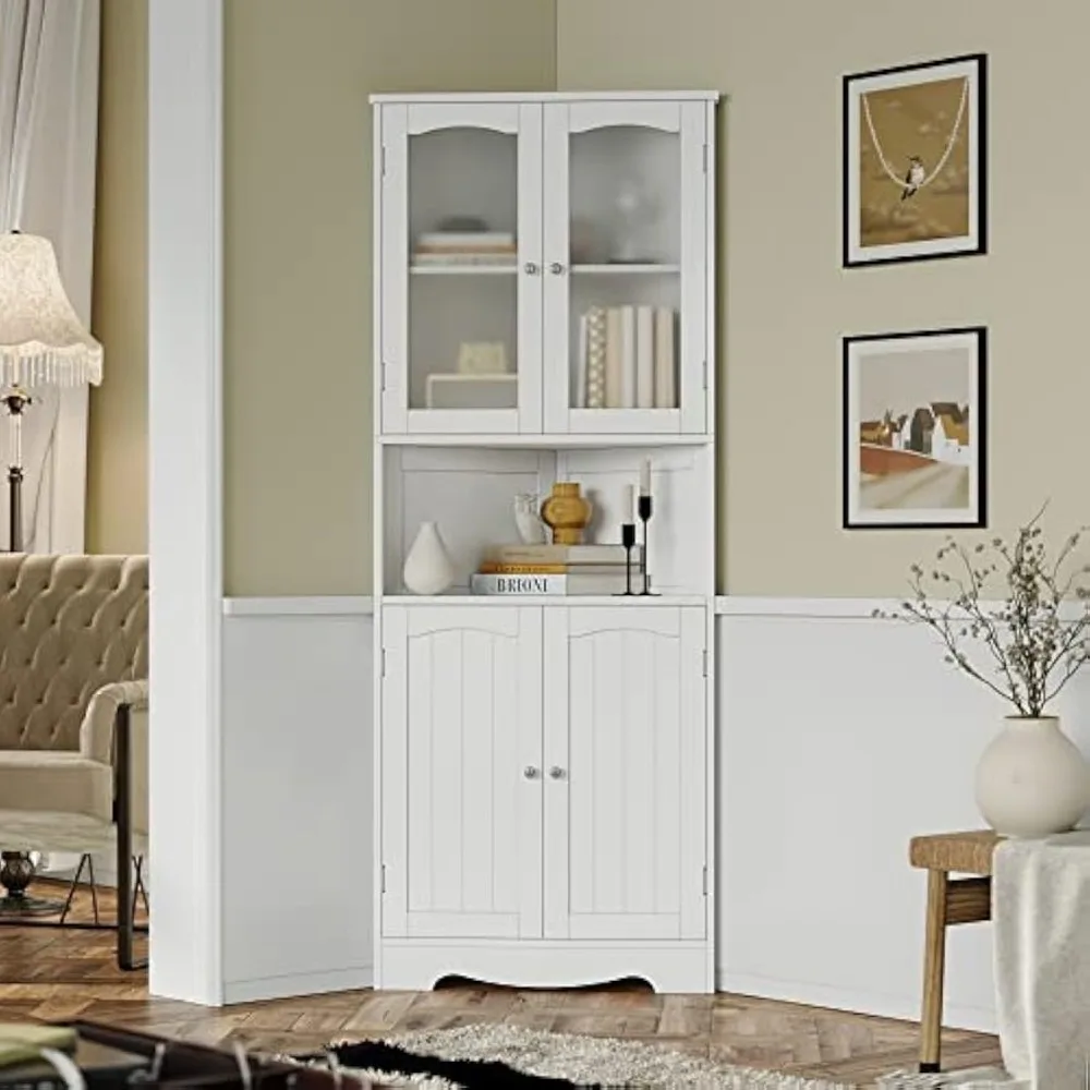 Bathroom Corner Cabinet Modern Storage Cabinet with Glass Doors Buffet Hutch Cabinet Freestanding Pantry