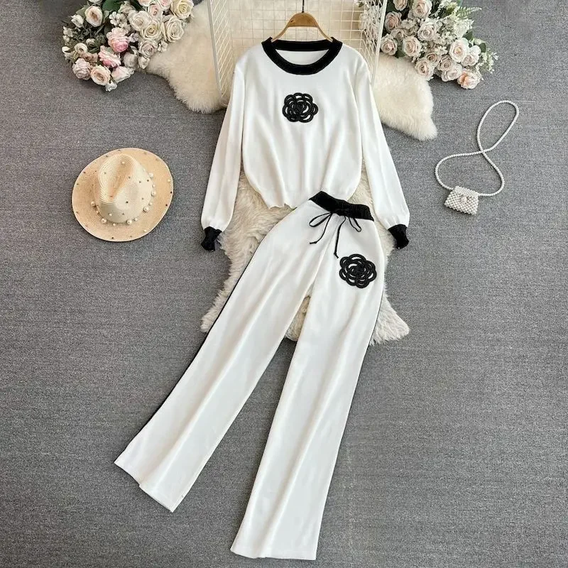 Elegant Embroidery Knitted 2 Piece Sets Women Fashion Long Sleeve Pullover Sweater+highWaist Wide Leg Pants Set Knitwears Suit