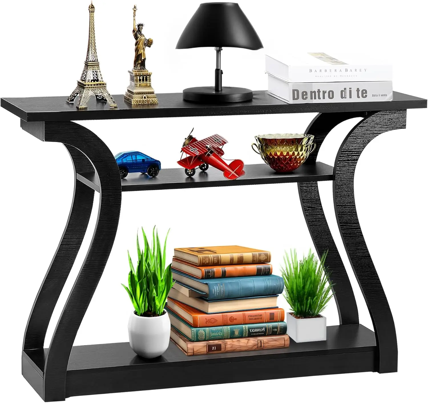 

Wood Console Table with 3 Tiers, Curved Frame and Open Shelves for Living Room, Hallway, Bedroom in Black