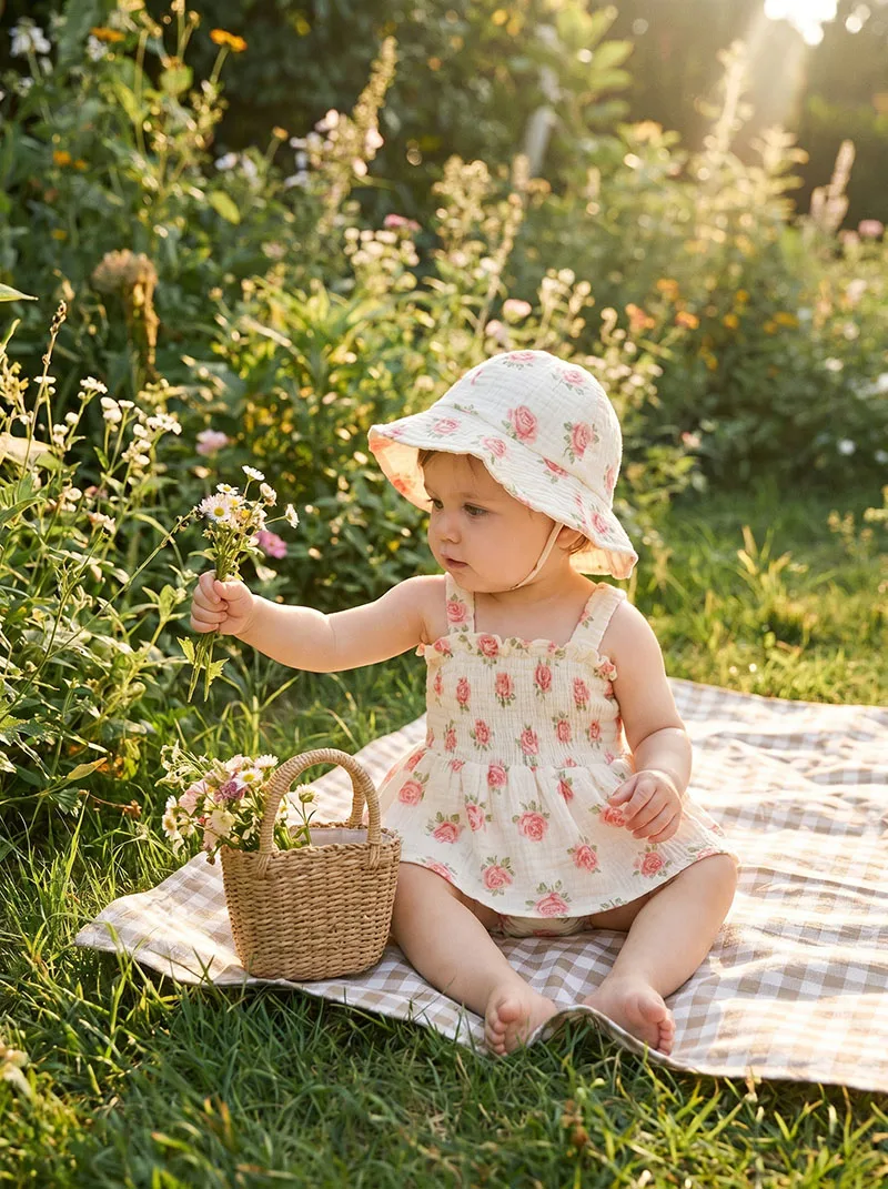 Baby Summer Bodysuit 3-18M Cute Flower Thin Girls Clothes Ventilate Toddler One Piece Infant Straps Jumpsuit +Hat