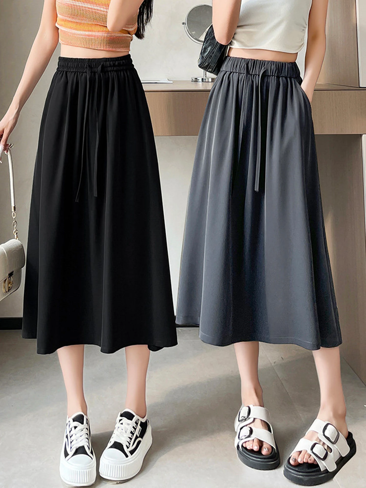 

Новая летняя корейская модель: тонкая юбка миди из ледяного шелка с завышенной талией, свободного кроя, больших размеров, для женщин