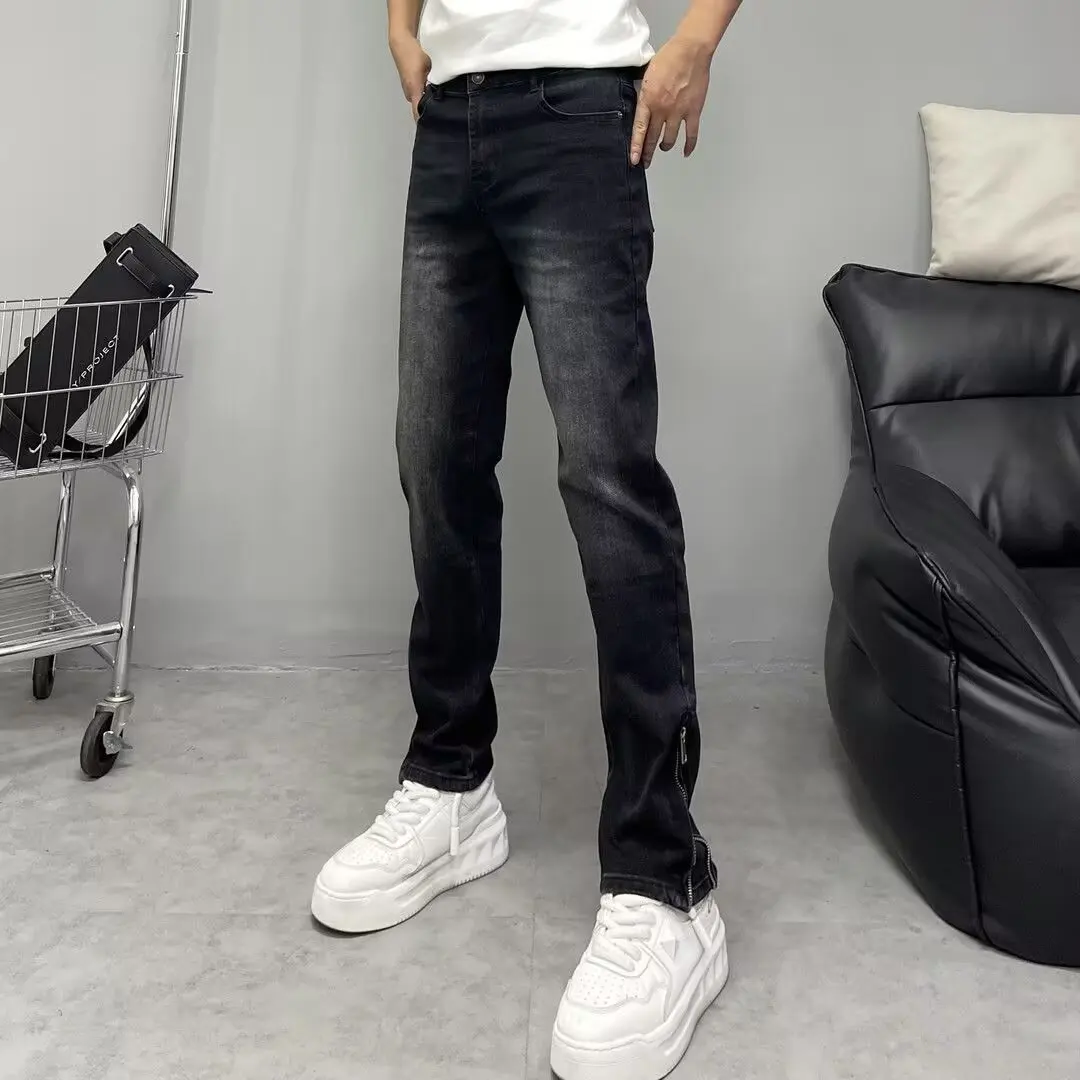 

Джинсы на молнии мужские, модные, облегающие, эластичные, длинные брюки, повседневная молодежная одежда, зимние, износостойкие