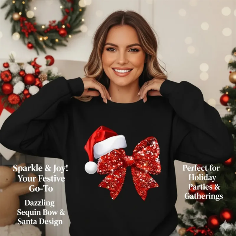 

Christmas Bow Print T-Shirt Women European Style Loose Sweatshirt Christmas Tee Santa Hat Graphic Short Sleeve Top Men Women New