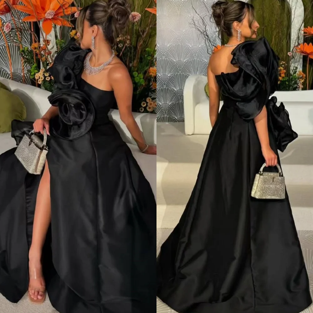 

Customized Fashion Black Satin Dresses 2025 Woman High Quality One Shoulder Sleeveless Evening Dress Temperament Prom Dress