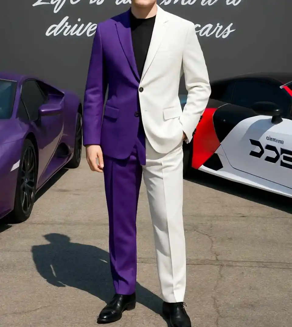Formal Business Men Tuxedos 2 Pieces Customized Purple White Classic Fit Groom Pants Suits Fashion Show Wear