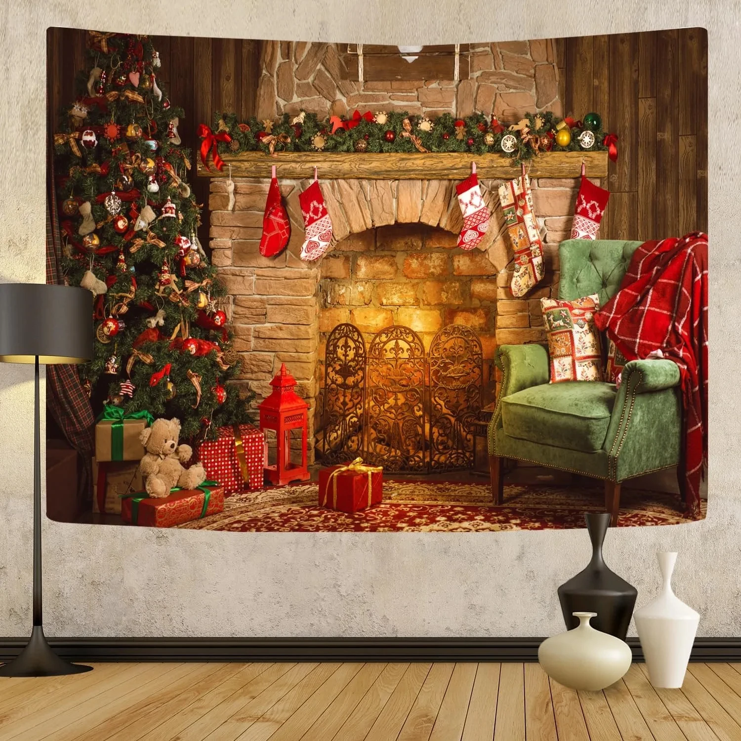 Weihnachten Kamin Tapisserie Wandbehang Weihnachten Tapisserie Hintergrund mit Weihnachtskugeln Kunst Wand Dekor Weihnachten Neujahr Party