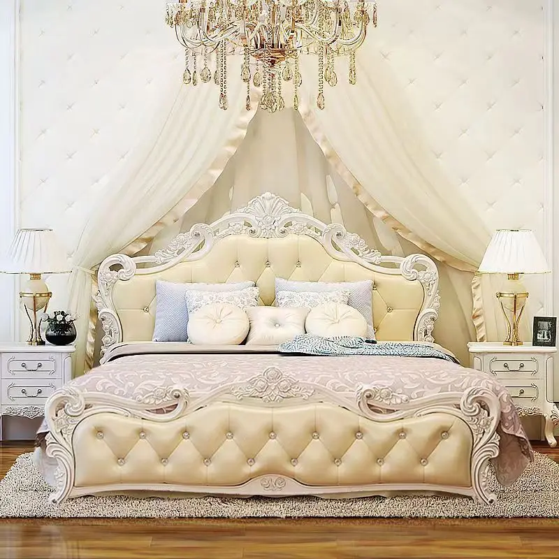 European Bed Modern Simple Solid Wood Princess  Simple European Double  Pink Leather Wedding Master Bedroom Furniture