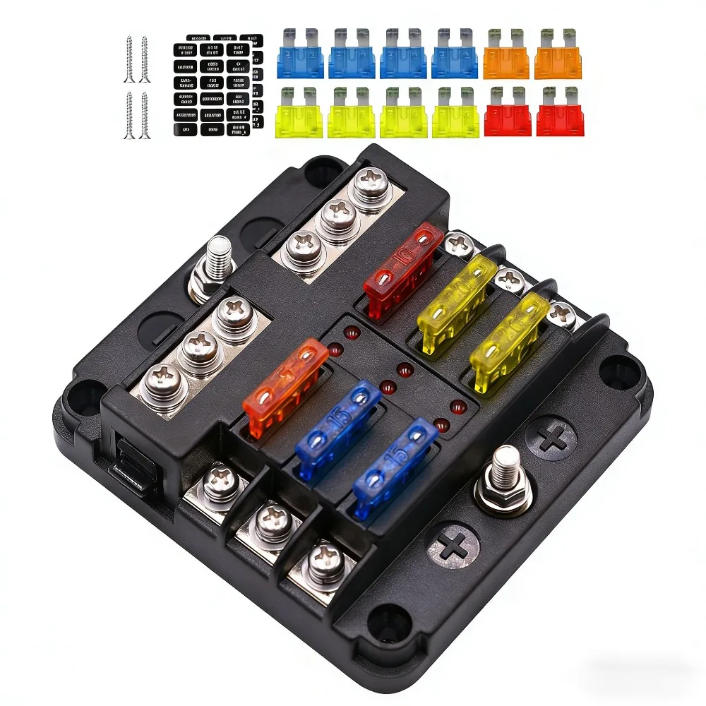 6 Way Blade Fuse Box 12V 24V Circuit Fuse Holder Block with Negative Bus LED Indicator for Car Boat Marine Truck Automotive