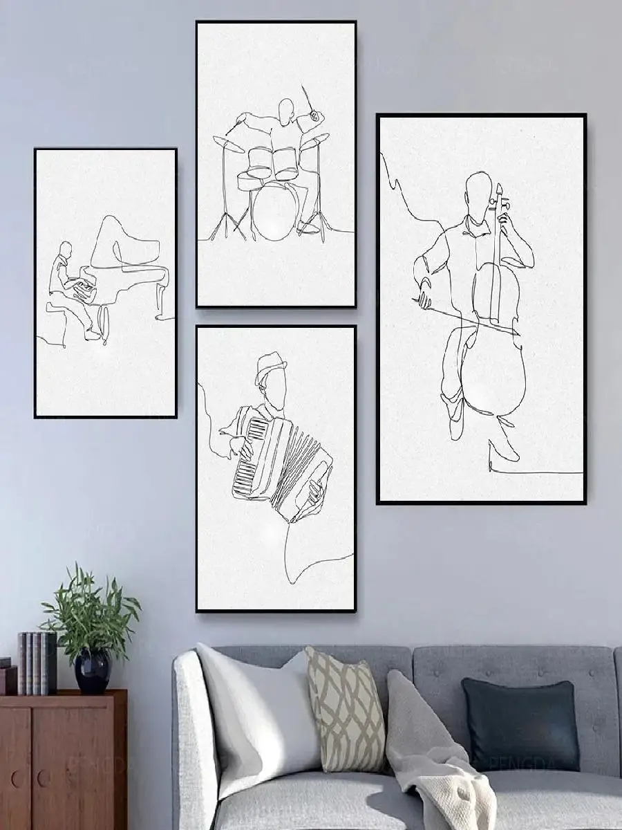 Funny Guitar Cello Piano Violin Canvas Painting Music Wall Art Black and White One Line Drawing Pictures Living Room Home Decor