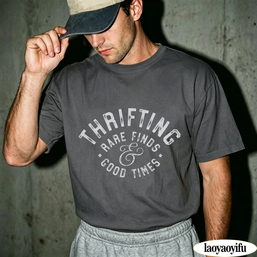 Thrifting Rare Finds Good Times Graphic Tee Distressed Retro Curved Letter Typography Print Men T Shirt Breathable Vintage Tees